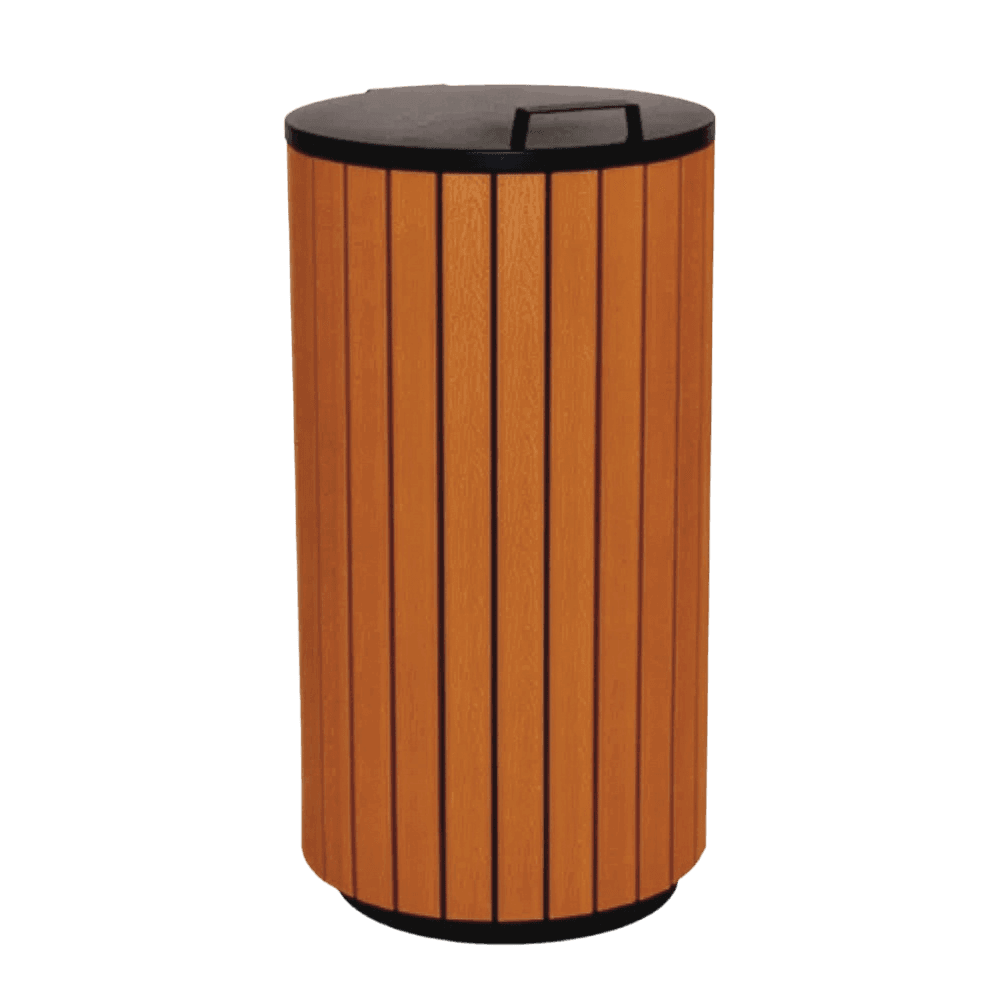 Buitenafvalbak rond houtlook, met deksel - inhoud 90 liter
