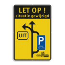 Informatiebord situatie gewijzigd met route uitgang en voor parkeren en logo