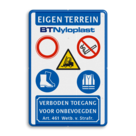 Veiligheidsbord voor eigen terrein met 5 Symbolen en logo