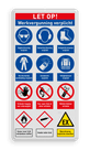 Veiligheidsbord voor betreden terrein met werkvergunning en 12 verschillende pictogrammen