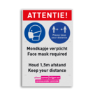 Bord mondkapje dragen verplicht (face mask required) en afstand houden (keep distance)