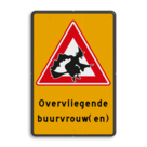 Verkeersbord met pictogram overvliegende heksen en eigen tekst