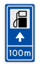 Verkeersbord RVV BW101Sp10 - Pompstation met aanpasbare pijlrichting en afstandsaanduiding