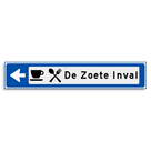 Verwijsbord KOKER Blauw/wit/zwart - pijl links, met 2 pictogrammen - Klasse 3 reflecterend