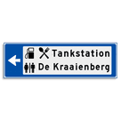 Verwijsbord KOKER Blauw/wit/zwart - pijl links, 2 regelig met 3 pictogrammen - Klasse 3 reflecterend