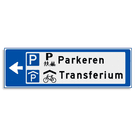 Verwijsbord KOKER Blauw/wit/zwart - pijl links, 2 regelig met 4 pictogrammen - Klasse 3 reflecterend