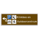 Verwijsbord KOKER Bruin/wit/zwart - pijl links, 2 regelig met 4 pictogrammen - Klasse 3 reflecterend