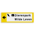 Verwijsbord KOKER Geel/wit/zwart - pijl links, 2 regelig met 2 pictogrammen - Klasse 3 reflecterend