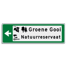 Verwijsbord KOKER Groen/wit/zwart - pijl links, 2 regelig met 3 pictogrammen - Klasse 3 reflecterend