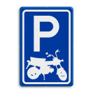 Rechthoekig parkeerbord met P en eigen pictogram brommer