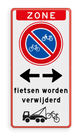 Parkeerbord zone geen bromfietsen plaatsen + RVV E03 met tekst en wegsleepregeling fietsen