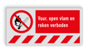 Verbodsbord P003 met tekst Vuur, open vlam en roken verboden