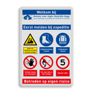Veiligheidsbord voor expeditie met veiligheidsinstructies, logo en 6 pictogrammen