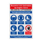 Bouwplaatsbord met PBM veiligheidsinstructies en 6 pictogrammen