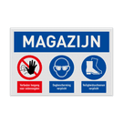 Veiligheidsbord voor magazijn met veiligheidsbril en schoenen verplicht