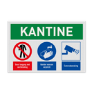 Veiligheidsbord voor kantine met pictogram werkkleding verboden, handen wassen verplicht