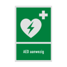 Reddingsbord met pictogram en tekst AED aanwezig