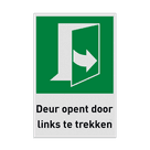 Nooduitgangbord met pictogram en tekst Deur opent door links te trekken