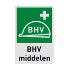 Reddingsmiddelenbord met pictogram en tekst BHV middelen, post en helm