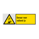 Veiligheidsbord met pictogram en tekst Gevaar voor vallend ijs