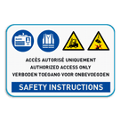 Panneau de sécurité trilingue avec 4 pictogrammes, votre texte et SAFETY INSTRUCTION