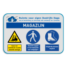 Veiligheidsbord voor magazijn met 3 pictogrammen + logo