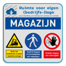 Veiligheidsbord voor magazijn met 3 pictogrammen + banner en logo