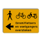 Omleidingsbord - (brom)fietsers en voetgangers links oversteken - Werk in uitvoering