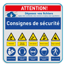 Panneau de sécurité avec instruction de sécurité et 10 pictogrammes