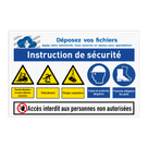 Panneau de sécurité avec logo et diverses instructions de sécurité