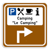 Panneau touristique - 4 pictogrammes avec texte + flèche