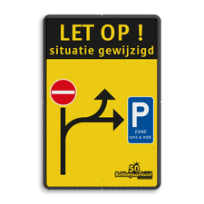 Informatiebord situatie gewijzigd met inrijverbod en route voor parkeren en logo