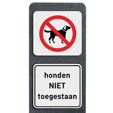 Verzwaarde bermpaal met twee bordjes honden niet toegestaan