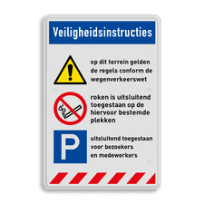 Veiligheidsbord met veiligheidsinstructies, 3 pictogrammen en eigen tekst