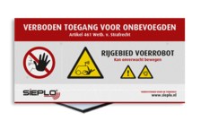 Veiligheidsbord 2:1 - Waarschuwing bewegende mechanische delen / Robot + logo / in huisstijl