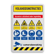 Veiligheidsbord met veiligheidsinstructies, camerabewaking en 8 pictogrammen