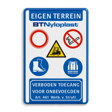 Veiligheidsbord voor eigen terrein met 5 Symbolen en logo