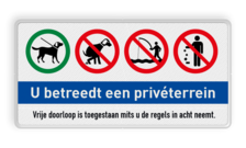 Verkeersbord privéterrein - honden aan de lijn - niet uitlaten - niet vissen - afval opruimen