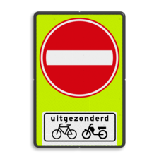 Verkeersbord RVV C02OB54f - Eenrichtingsweg met uitzondering - fluor achtergrond