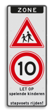 Verkeersbord ZONE J21 A01-10 - spelende kinderen / stapvoets rijden