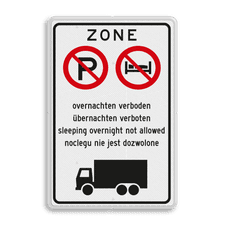 Verkeersbord vrachtwagen chauffeurs overnachten verboden meertalig - reflecterend