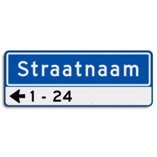 Straatnaambord 11 karakters 800x300mm 1 regelig + pijl en huisnummers NEN 1772