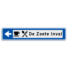 Verwijsbord KOKER Blauw/wit/zwart - pijl links, met 2 pictogrammen - Klasse 3 reflecterend