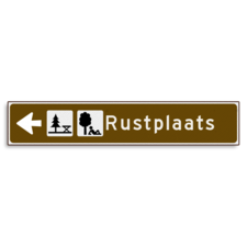 Verwijsbord KOKER Bruin/wit/zwart - pijl links, met 2 pictogrammen - Klasse 3 reflecterend