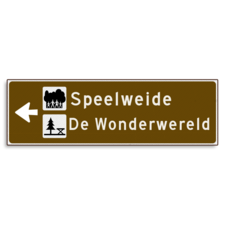 Verwijsbord KOKER Bruin/wit/zwart - pijl links, 2 regelig met 2 pictogrammen - Klasse 3 reflecterend