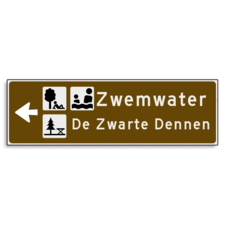 Verwijsbord KOKER Bruin/wit/zwart - pijl links, 2 regelig met 3 pictogrammen - Klasse 3 reflecterend