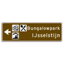 Verwijsbord KOKER Bruin/wit/zwart - pijl links, 2 regelig met 3 pictogrammen - Klasse 3 reflecterend