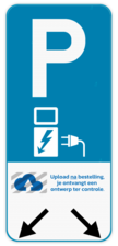 Parkeerbord E9 elektrisch laden + logo + pijl aanduiding