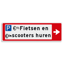 Verwijsbord KOKER Rood/wit/zwart - pijl rechts, 2 regelig met 3 pictogrammen - Klasse 3 reflecterend