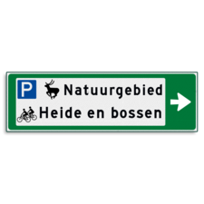 Verwijsbord KOKER Groen/wit/zwart - pijl rechts, 2 regelig met 3 pictogrammen - Klasse 3 reflecterend